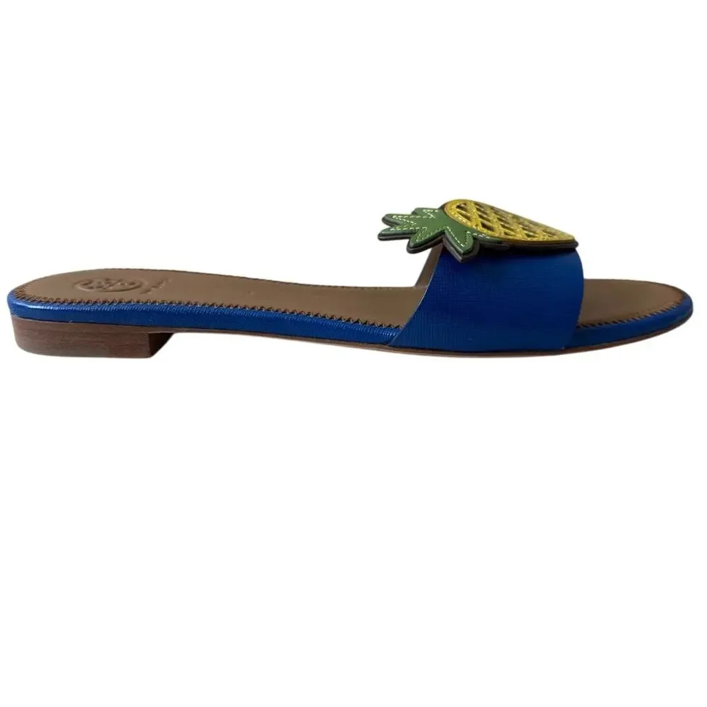 Tory Burch‎ Pineapple Accent Slide Sandals Blue Size 7